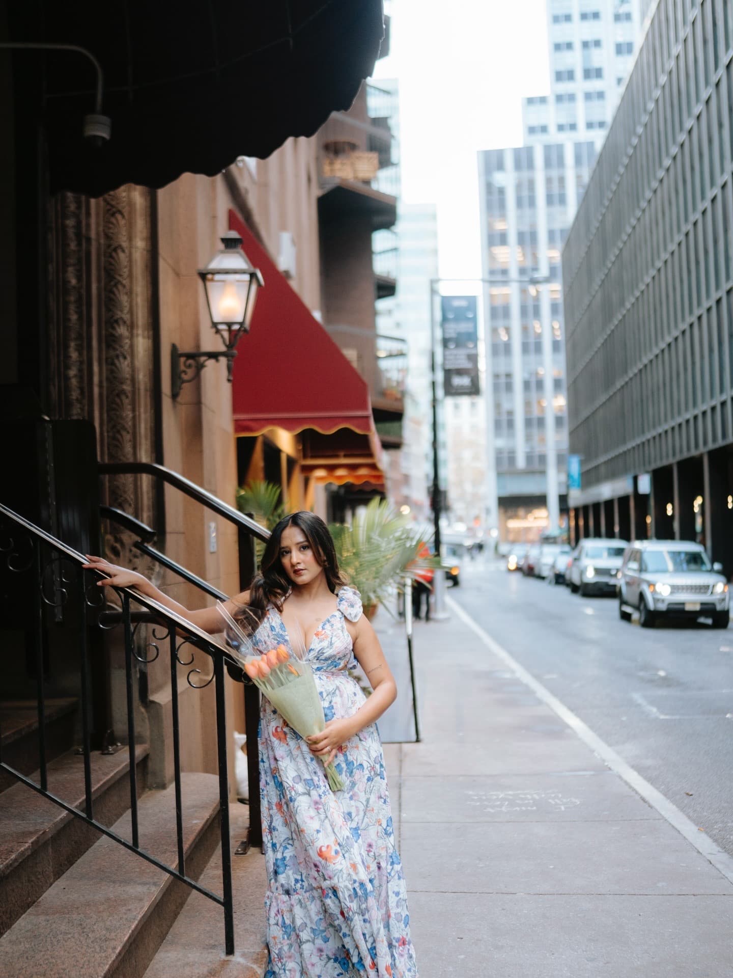Maitreyi Tiwari floral dress portrait on a New York sidewalk